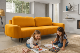 Miodowa sofa retro z funkcją spania