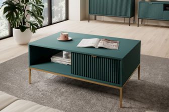 Stolik kawowy butelkowa zieleń na złotych nogach