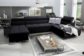 Duży narożnik U z funkcją spania, z barkiem, z gniazdem elektrycznym, z cup holderem