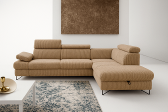 Sztruksowy narożnik z funkcja spania na loftowych nogach