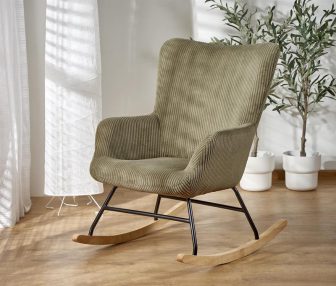 Oliwkowy fotel ze sztruksu na płozach