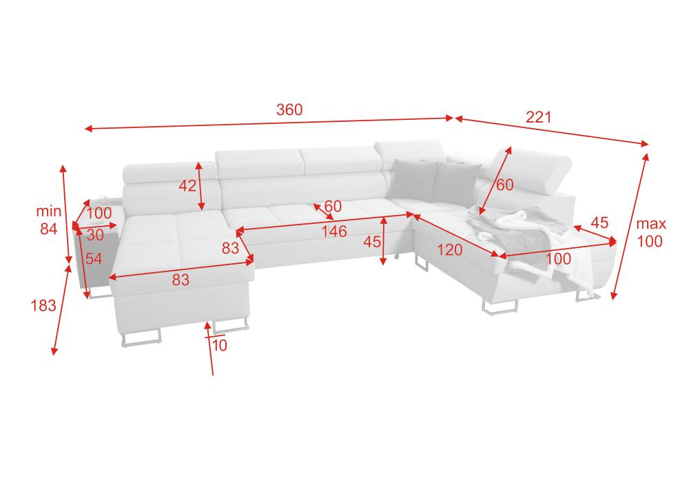 Narożnik U z funkcją spania z gniazkiem i barkiem MELLOW 6 16