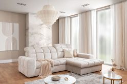 Przepiękny jasny narożnik z funkcją spania z przeszyciami z regulowanymi oparaciami