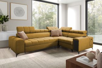 Nowoczesny narożnik rozkładany z zagłówkami, z barkiem z gniazdem USB