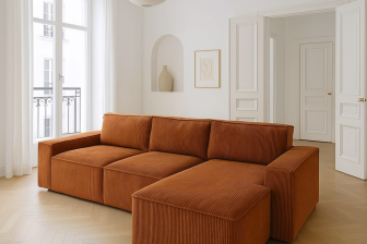 Miodowy, modny narożnik do salonu z funkcją codziennego spania