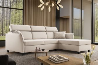 Jasny narożnik z wąskimi bokami z zagłówkami z funkcją spania