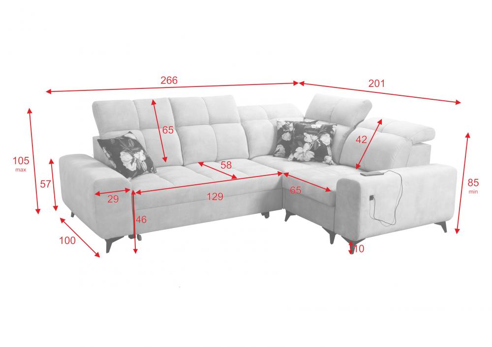 Narożnik z funkcją spania z ładowarką USB SILVER 2 16
