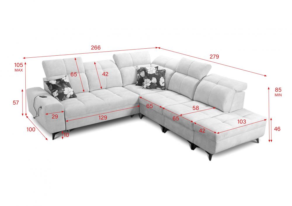 Narożnik z funkcją spania z ładowarką USB SILVER 9 16