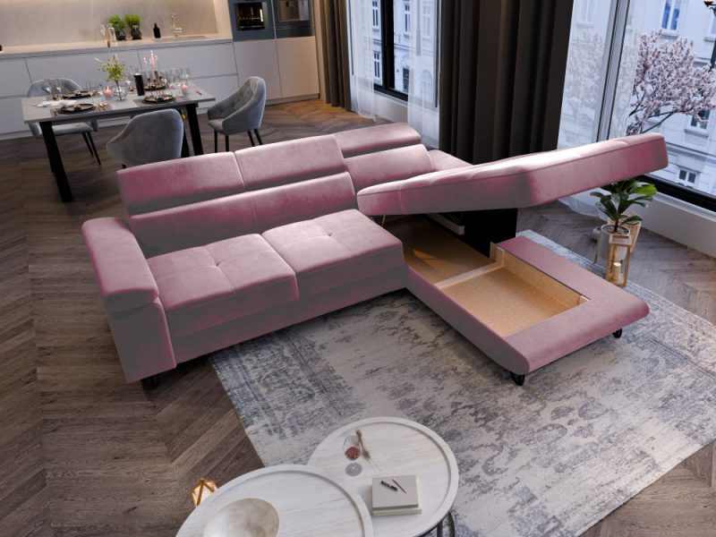 Modny, mały narożnik z funkcją spania z podnoszonym siedziskiem