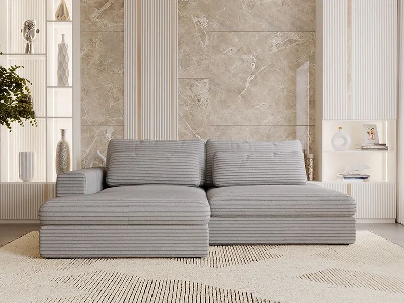 Mały narożnik z funkcją spania z pojemnikiem na pościel do kawalerki