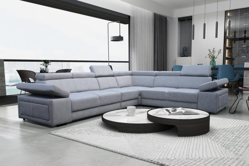 Duży narożnik do salonu z funkcją spania codziennego z regulowanymi zagłówkami