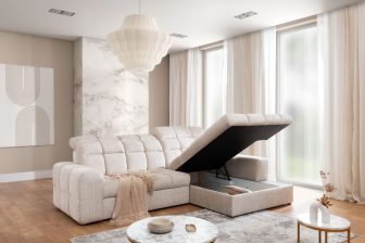 Piękny narożnik rozkładany z pojemnikiem na koce i poduszki