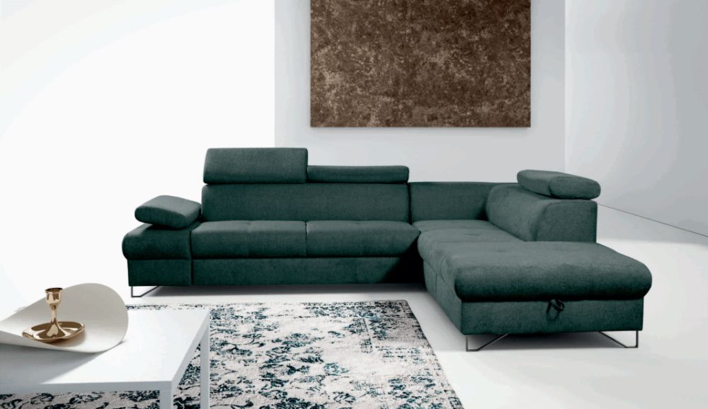 Niski narożnik z zagłówkami na metalowych loftowych nogach