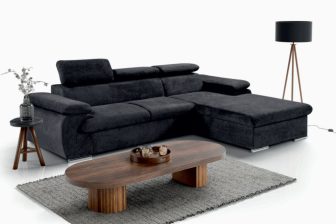 Czarny, nowoczesny narożnik do salonu z zagłówkami