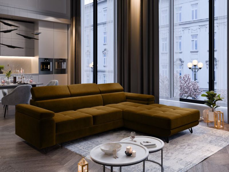 Niski narożnik z zagłówkami z funkcją spania z możliwością zamiany stron