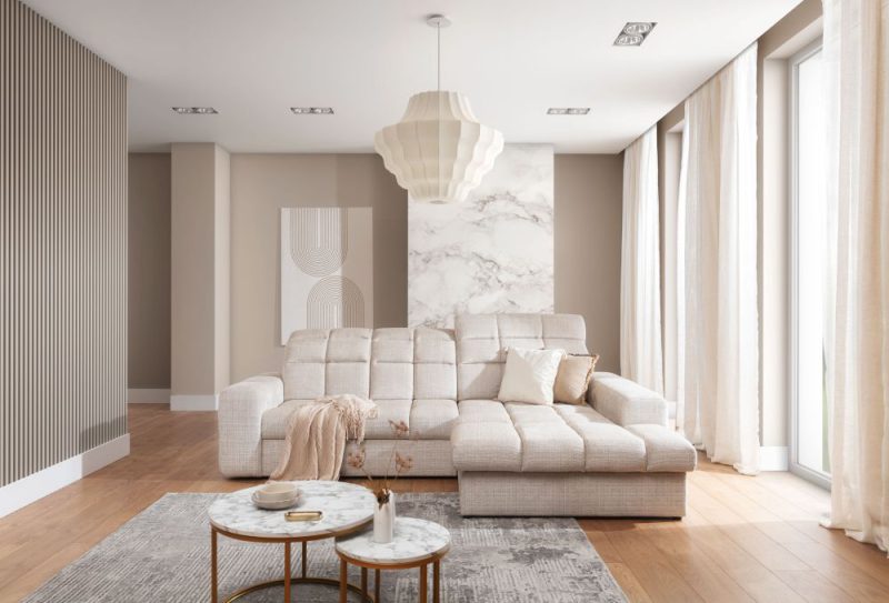 Narożnik z funkcją spania i pojemnikiem na pościel w mowoczesnej aranżacji