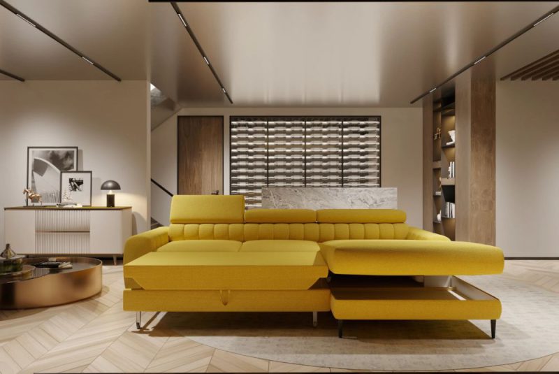 Musztardowy narożnik z funkcją spania i systemem rozkładania typu delfin