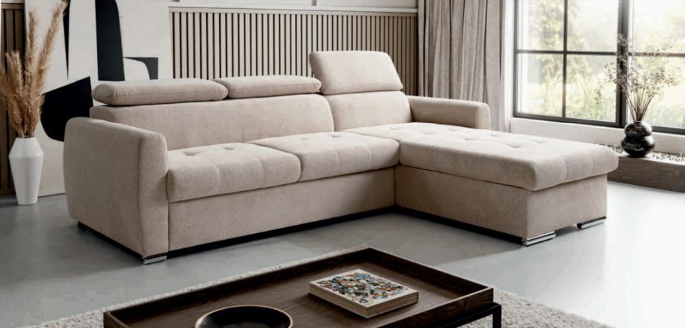 Funkcjonalny narożnik 3 osobowy z zagłówkami do salonu z funkcją spania