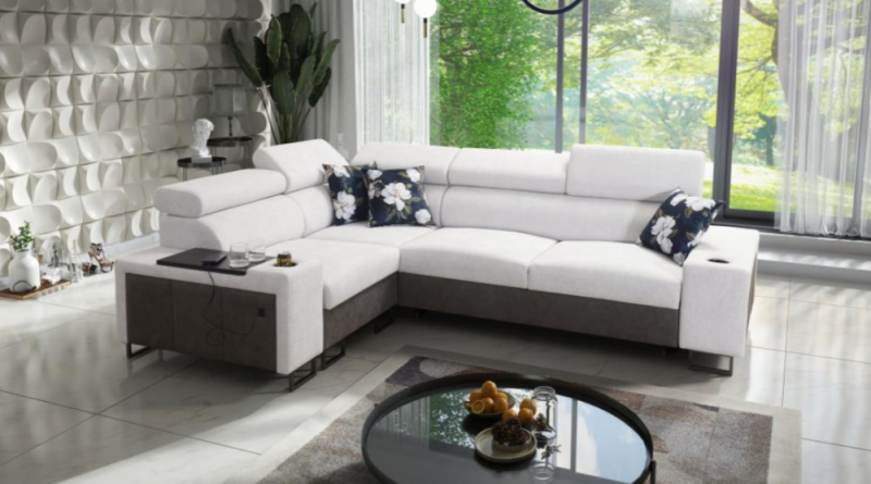 Dwukolorowy narożnik do salonu z funkcją spania i barkiem