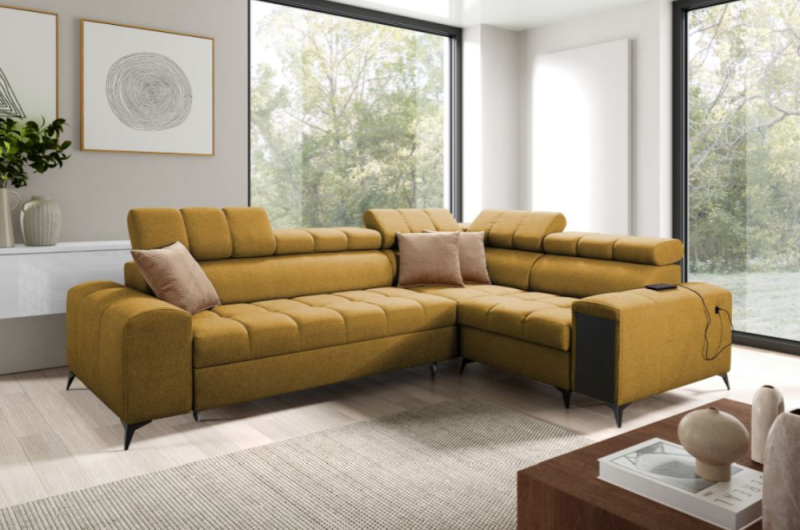 Modny narożnik do salonu z funkcją spania i barkiem