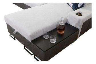 Nowoczesny narożnik do salonu z funkcją spania i pólką