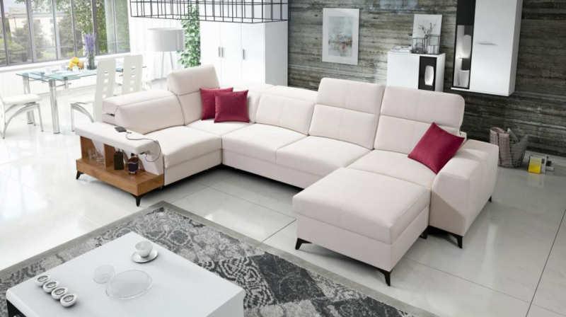 Ogromny narożnik do salonu z funkcją spania i pólką