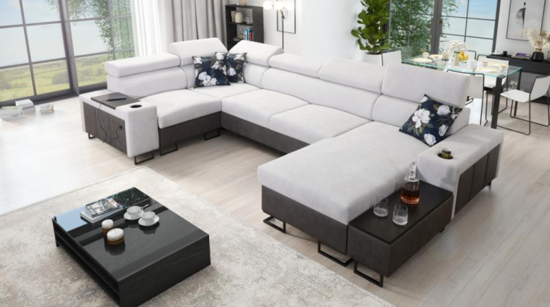 Narożnik w kształcie litery U do salonu z funkcją spania i pólką