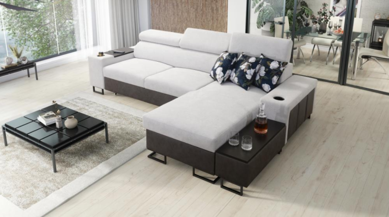 Modny narożnik do salonu z funkcją spania i pólką