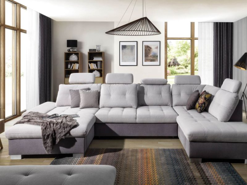 Narożnik podkowa do salonu z funkcją spania i regulowanymi oparciami