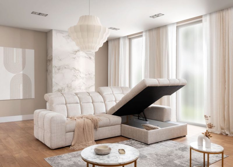 Ekskluzywnynarożnik do salonu z funkcją spania i schowiem