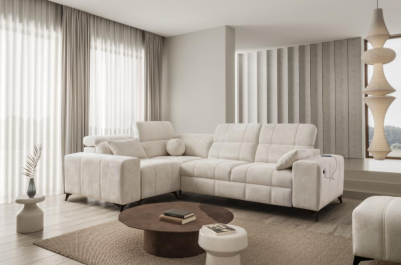 Piękny narożnik do salonu z funkcją spania w stylu glamour