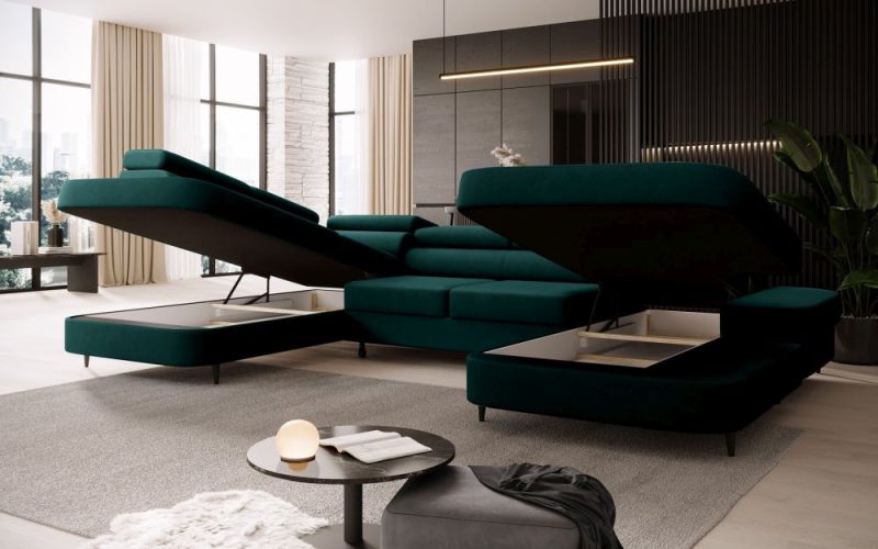 Narożnik rozkładany w kształcie litery U z pojemnikiem na pościel