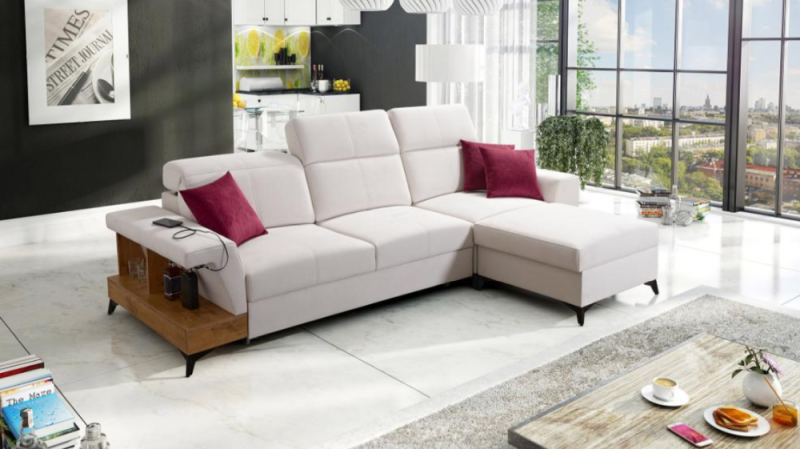 Mały narożnik rozkładany z funkcją spania i barkiem