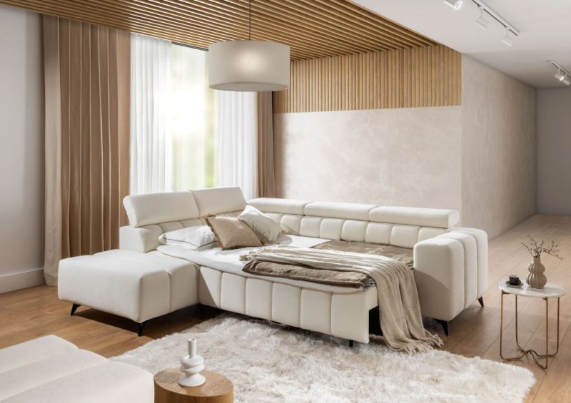 Narożnik rozkładany z funkcją spania i regulowanymi oparciami do małego salonu