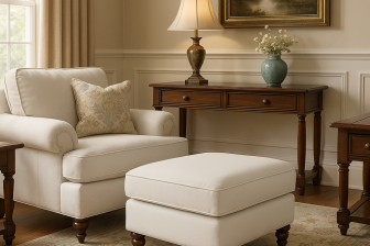 Pufa w stylu klasycznym na drewnianych nogach