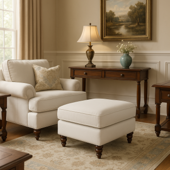 Pufa w stylu klasycznym na drewnianych nogach