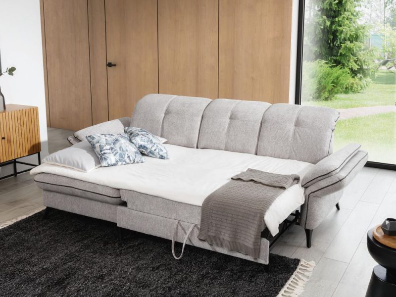 Kanapa narożna z funkcją spania na wysokich nóżkach do codziennego spania
