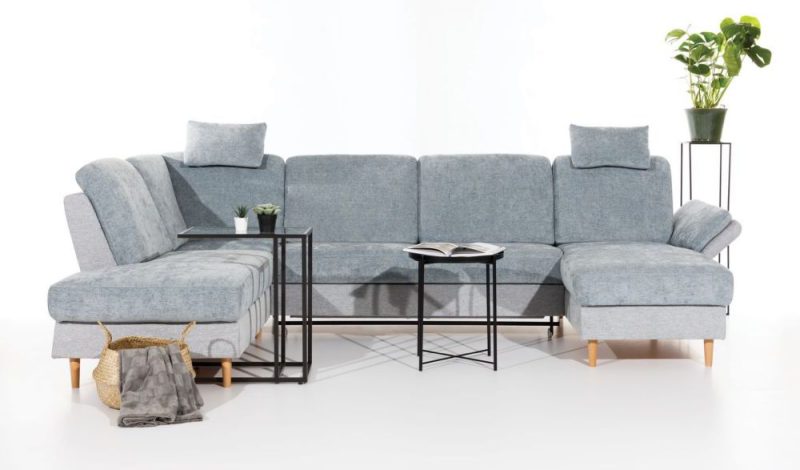 Kanapa narożna z funkcją spania w stylu skandynawskim i pojemnikiem na pościel