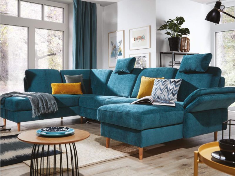 Kanapa narożna z funkcją spania w stylu skandynawskim z tkaniną welurową