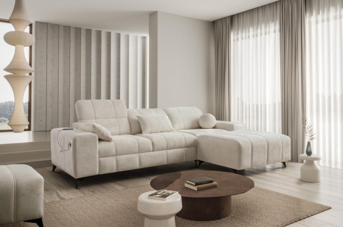 Kanapa narożna z funkcją spania z dodatkowymi poduszkami