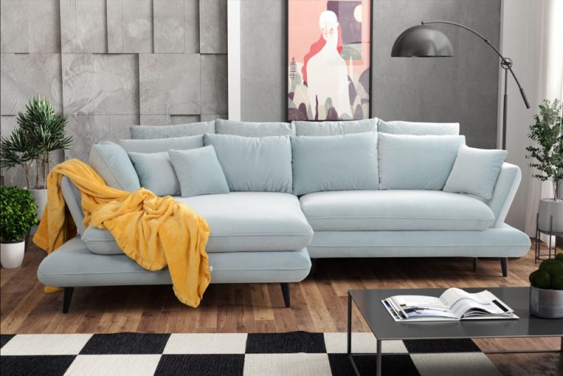 Kanapa narożna z funkcją spania z dodatkowymi poduszkami w stylu skandynawskim