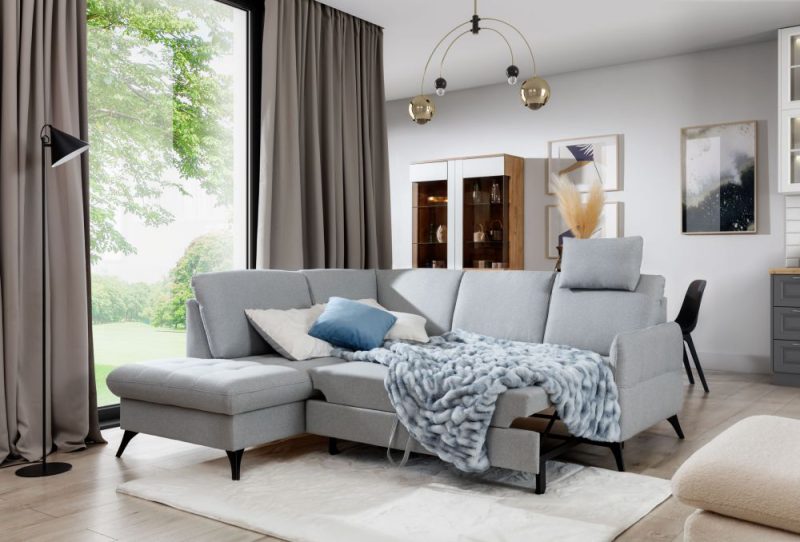 Kanapa narożna z funkcją spania z miejscem na przechowywanie i systemem łatwego rozkładania