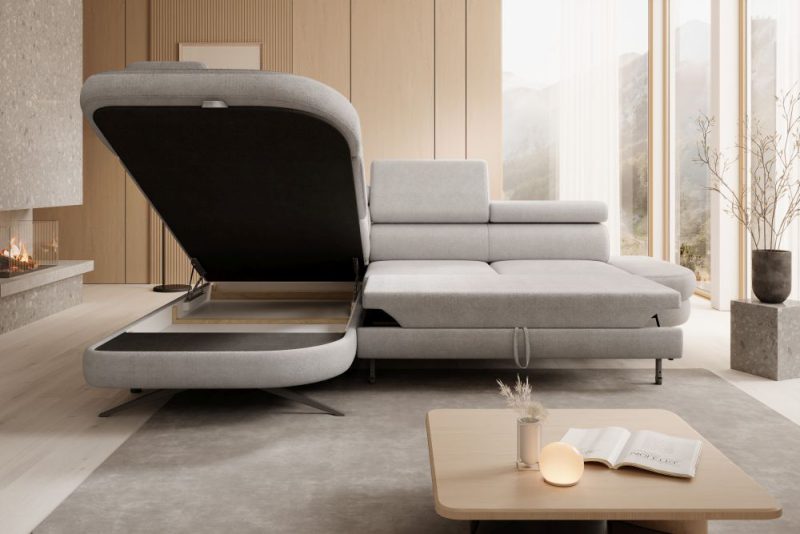 Kanapa narożna z funkcją spania z miejscem na przechowywanie i wysokimi nóżkami