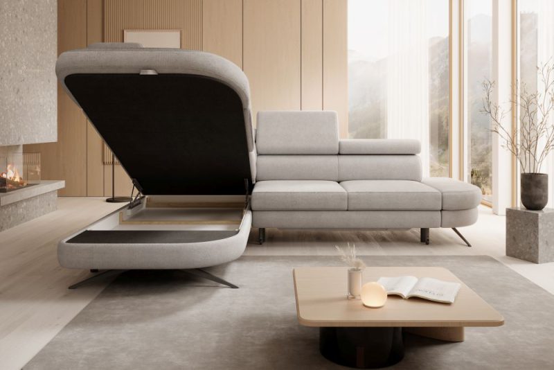 Kanapa narożna z funkcją spania z regulowanymi zagłówkami z pojemnikiem na pościel