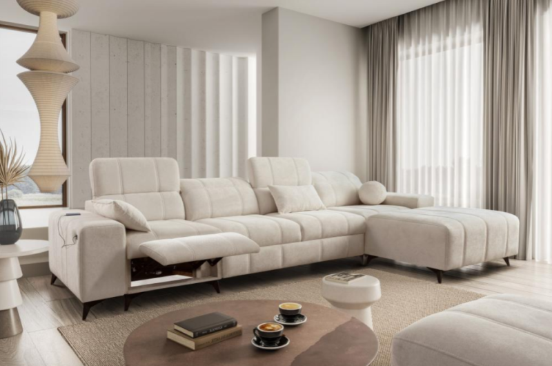 Kanapa narożna z funkcją spania i tkaniną łatwoczyszczącą i dodatkową funkcją relaks