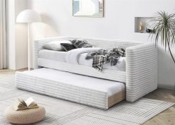 Kremowe łóżko sztruks z wysuwanym dolnym materacem