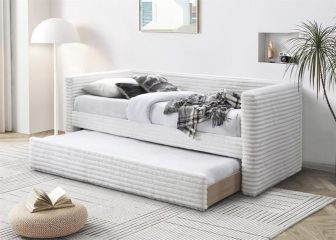 Kremowe łóżko sztruks z wysuwanym dolnym materacem