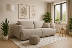 Mała sofa w nowoczesnym salonie z kwiatami i oknem