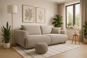 Mała sofa w nowoczesnym salonie z kwiatami i oknem