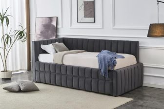 Popielate łóżko z chowanym materacem jednoosobowe